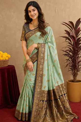 sea green soft silk blend with jacquard woven work saree with unstitched blouse piece