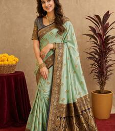 sea green soft silk blend with jacquard woven work saree with unstitched blouse piece