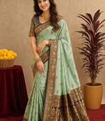 sea green soft silk blend with jacquard woven work saree with unstitched blouse piece