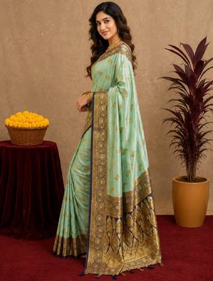 sea green soft silk blend with jacquard woven work saree with unstitched blouse piece 2