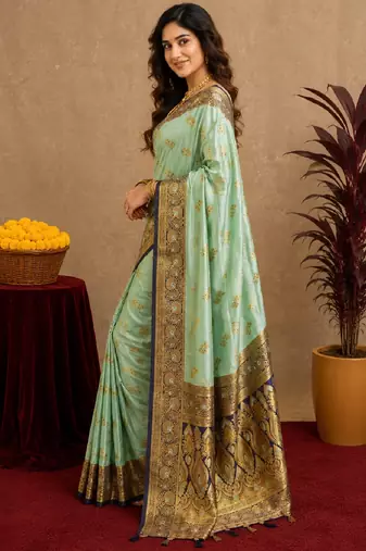 sea green soft silk blend with jacquard woven work saree with unstitched blouse piece