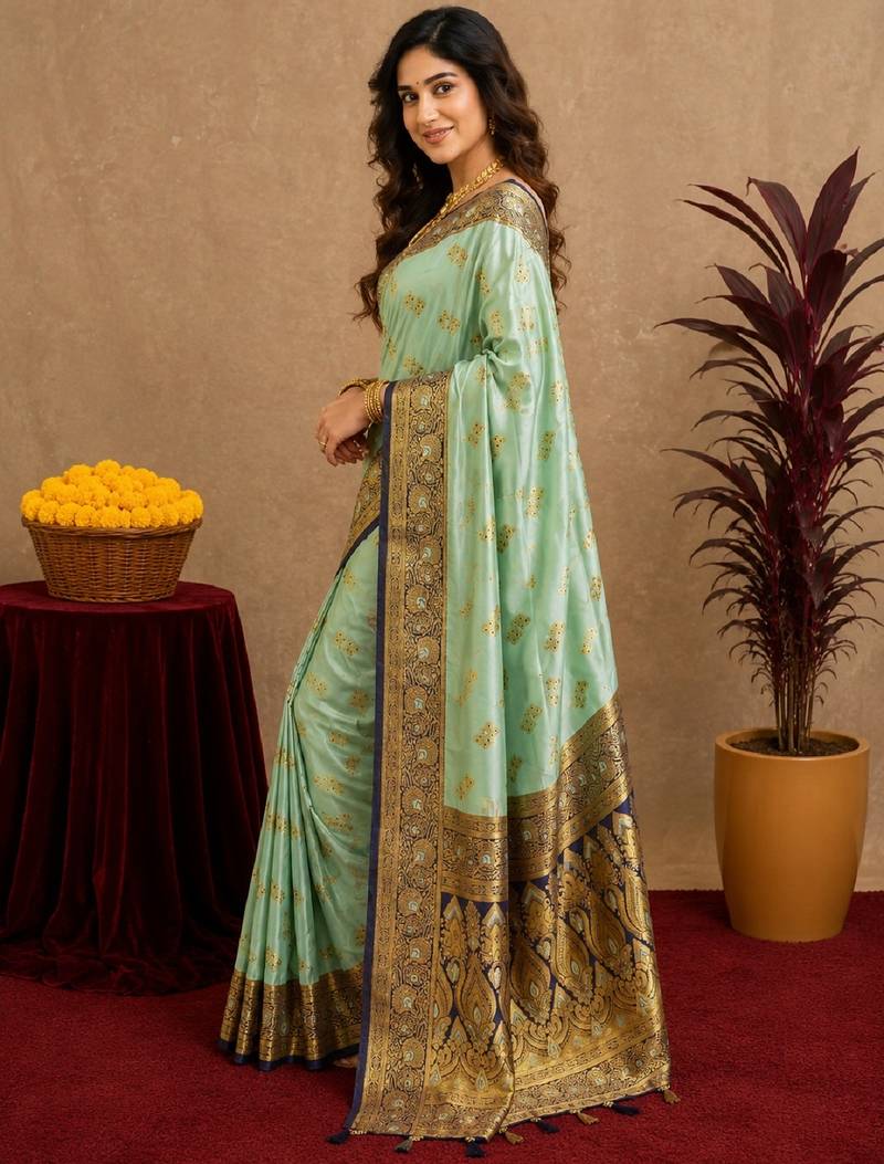 sea green soft silk blend with jacquard woven work saree with unstitched blouse piece