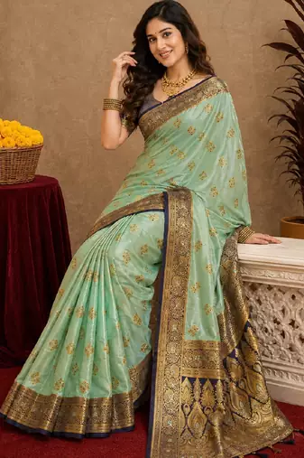 sea green soft silk blend with jacquard woven work saree with unstitched blouse piece