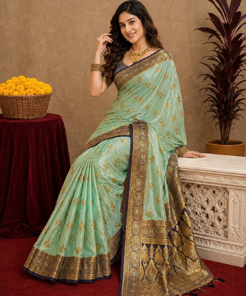 sea green soft silk blend with jacquard woven work saree with unstitched blouse piece