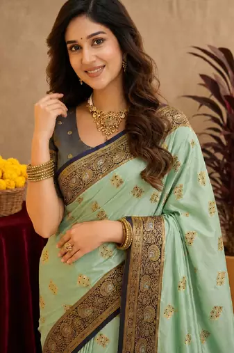 sea green soft silk blend with jacquard woven work saree with unstitched blouse piece