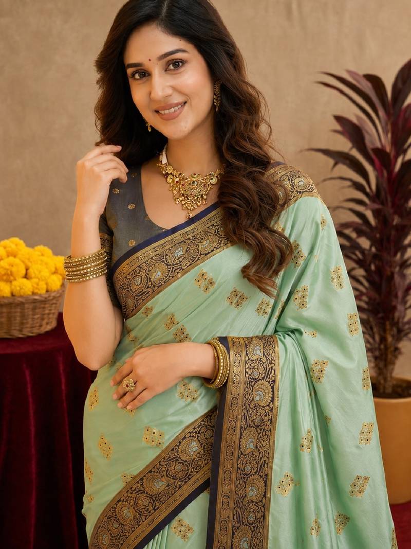 sea green soft silk blend with jacquard woven work saree with unstitched blouse piece