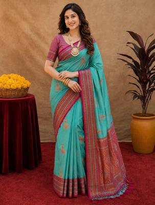 teal blue soft silk blend with jacquard woven work saree with unstitched blouse piece 1