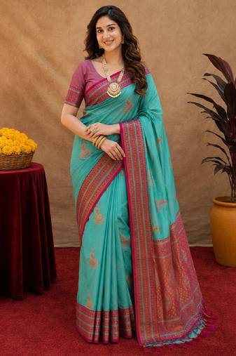 teal blue soft silk blend with jacquard woven work saree with unstitched blouse piece