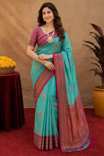 teal blue soft silk blend with jacquard woven work saree with unstitched blouse piece