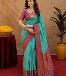 teal blue soft silk blend with jacquard woven work saree with unstitched blouse piece