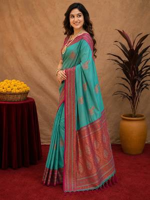 teal blue soft silk blend with jacquard woven work saree with unstitched blouse piece 2