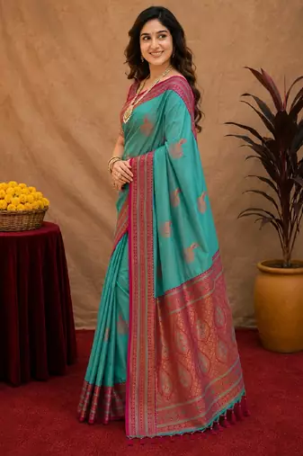 teal blue soft silk blend with jacquard woven work saree with unstitched blouse piece