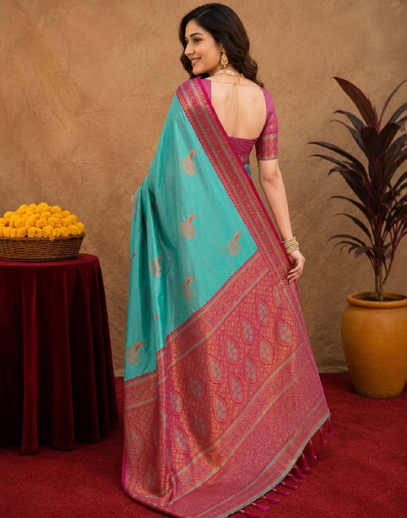 teal blue soft silk blend with jacquard woven work saree with unstitched blouse piece