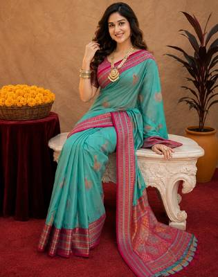 teal blue soft silk blend with jacquard woven work saree with unstitched blouse piece 4