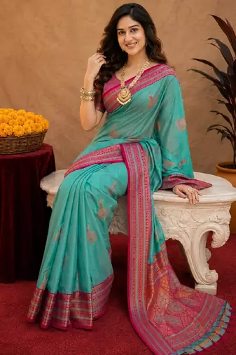teal blue soft silk blend with jacquard woven work saree with unstitched blouse piece