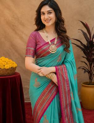 teal blue soft silk blend with jacquard woven work saree with unstitched blouse piece 5