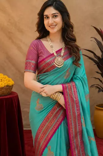 teal blue soft silk blend with jacquard woven work saree with unstitched blouse piece