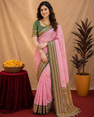 pink green soft silk blend with jacquard woven work saree with unstitched blouse piece 1