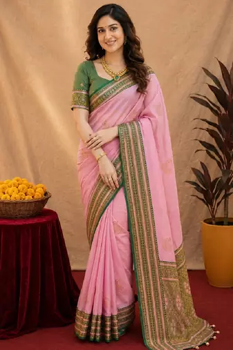 pink green soft silk blend with jacquard woven work saree with unstitched blouse piece