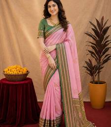 pink green soft silk blend with jacquard woven work saree with unstitched blouse piece
