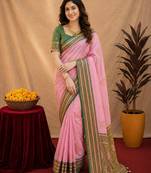 pink green soft silk blend with jacquard woven work saree with unstitched blouse piece