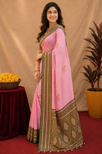 pink green soft silk blend with jacquard woven work saree with unstitched blouse piece