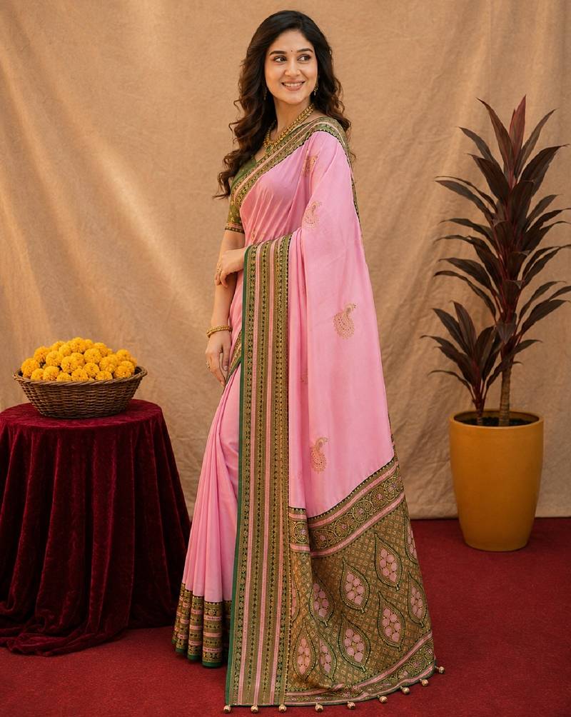 pink green soft silk blend with jacquard woven work saree with unstitched blouse piece