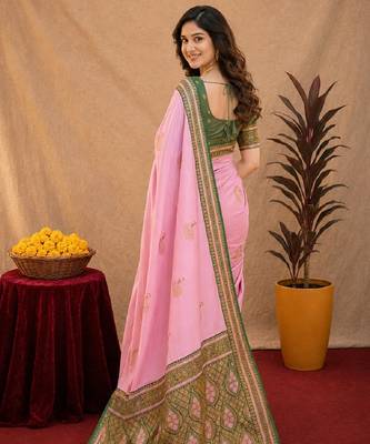 pink green soft silk blend with jacquard woven work saree with unstitched blouse piece 3