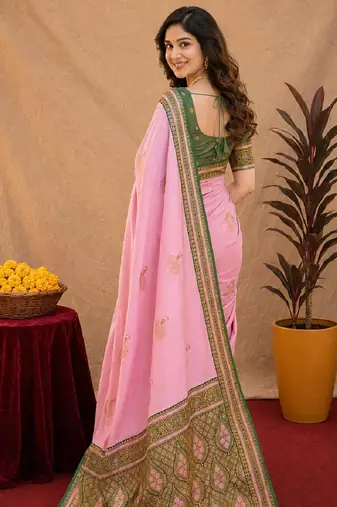 pink green soft silk blend with jacquard woven work saree with unstitched blouse piece