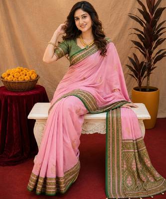 pink green soft silk blend with jacquard woven work saree with unstitched blouse piece 4