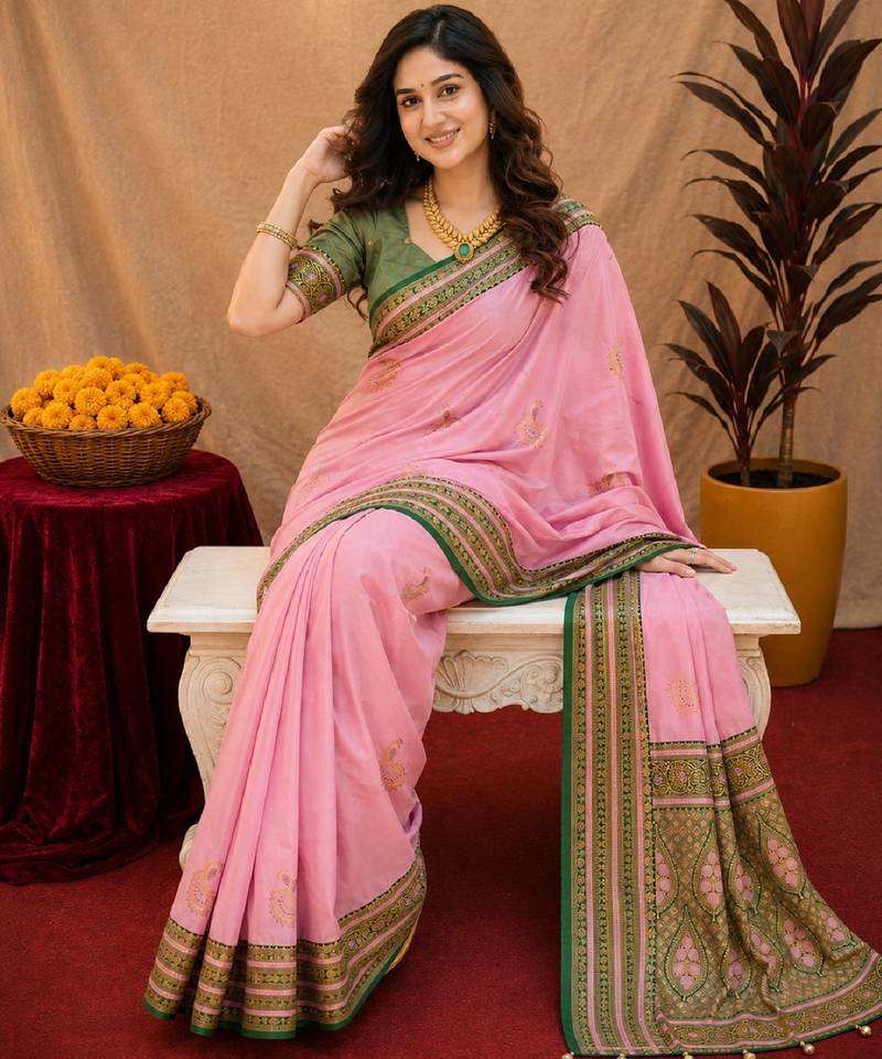 pink green soft silk blend with jacquard woven work saree with unstitched blouse piece