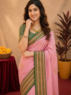 pink green soft silk blend with jacquard woven work saree with unstitched blouse piece 5
