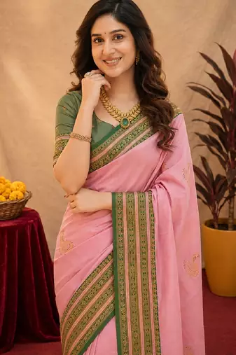 pink green soft silk blend with jacquard woven work saree with unstitched blouse piece