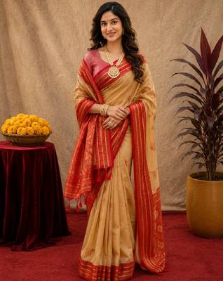 cream red soft silk blend with jacquard woven work saree with unstitched blouse piece 1