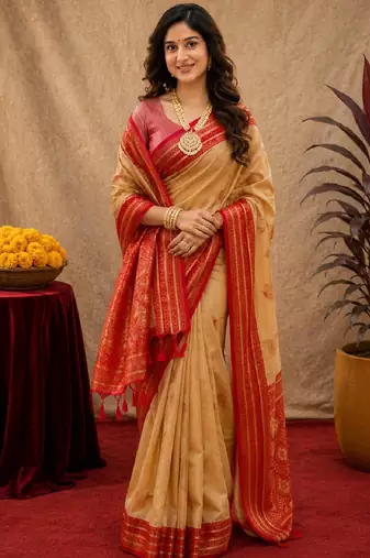 cream red soft silk blend with jacquard woven work saree with unstitched blouse piece
