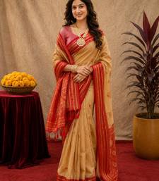 cream red soft silk blend with jacquard woven work saree with unstitched blouse piece