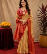 cream red soft silk blend with jacquard woven work saree with unstitched blouse piece