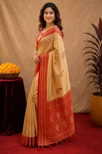 cream red soft silk blend with jacquard woven work saree with unstitched blouse piece