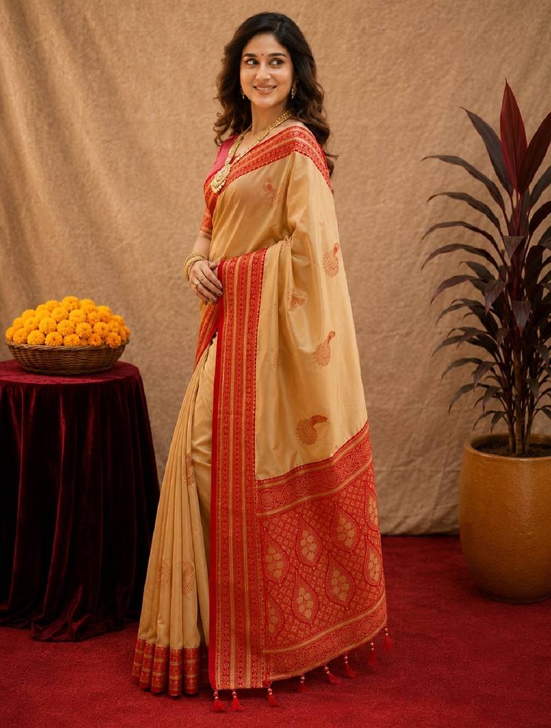 cream red soft silk blend with jacquard woven work saree with unstitched blouse piece
