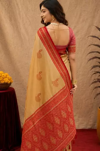 cream red soft silk blend with jacquard woven work saree with unstitched blouse piece