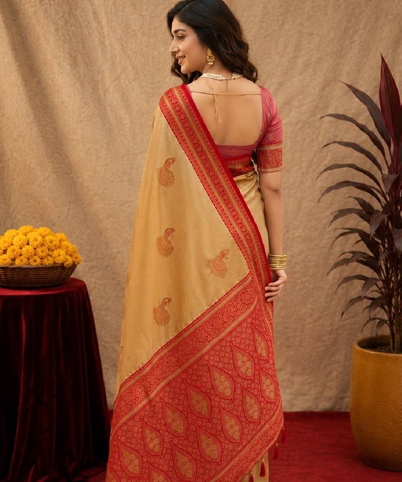 cream red soft silk blend with jacquard woven work saree with unstitched blouse piece