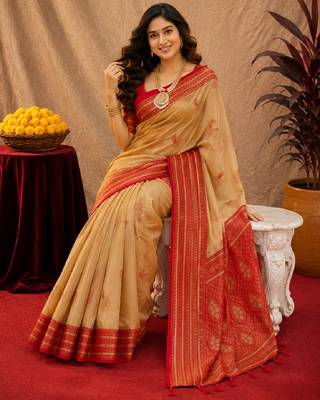 cream red soft silk blend with jacquard woven work saree with unstitched blouse piece 4