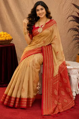 cream red soft silk blend with jacquard woven work saree with unstitched blouse piece
