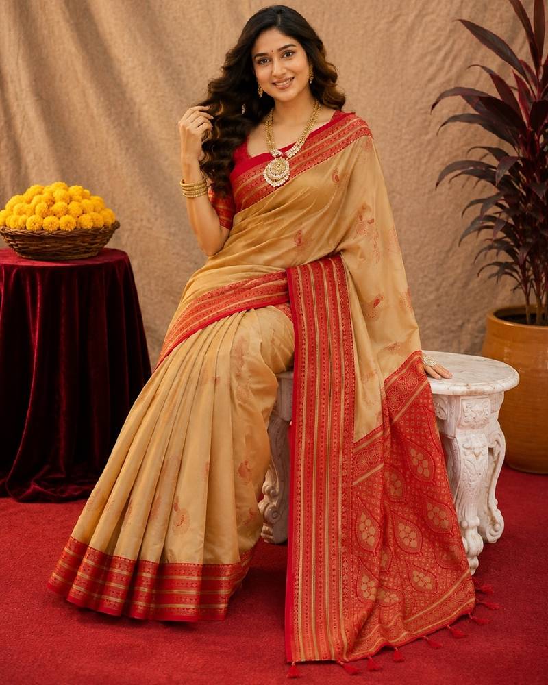 cream red soft silk blend with jacquard woven work saree with unstitched blouse piece