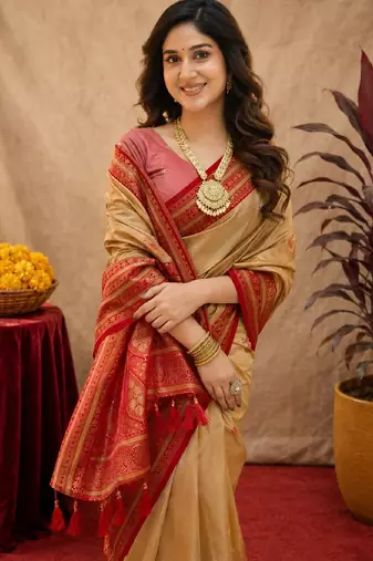 cream red soft silk blend with jacquard woven work saree with unstitched blouse piece