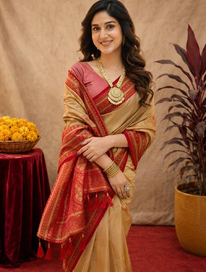 cream red soft silk blend with jacquard woven work saree with unstitched blouse piece