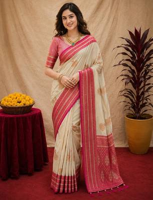 off white pink pink soft silk blend with jacquard woven work saree with unstitched blouse piece 1