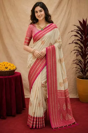 off white pink pink soft silk blend with jacquard woven work saree with unstitched blouse piece