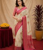 off white pink pink soft silk blend with jacquard woven work saree with unstitched blouse piece