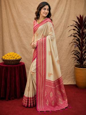 off white pink pink soft silk blend with jacquard woven work saree with unstitched blouse piece 2